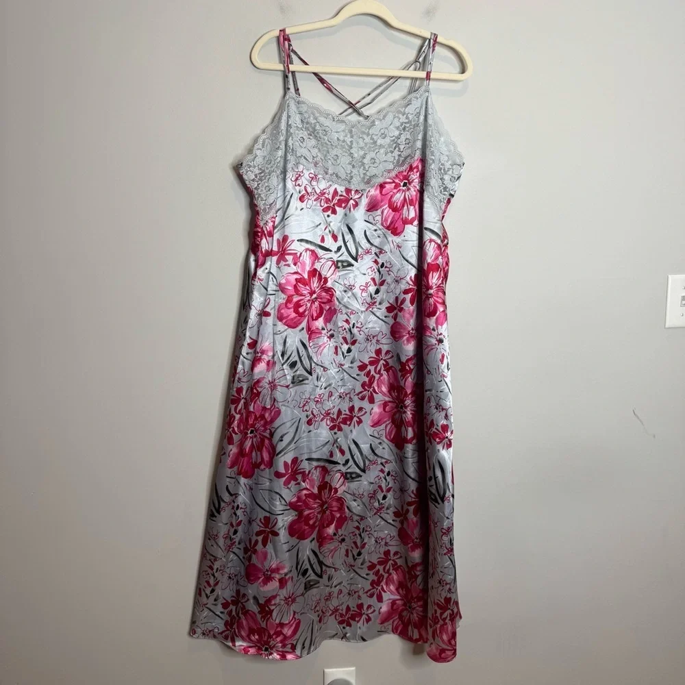 VTG Y2K Lace Trim Slip Dress Satin Floral Large Lingerie Nightgown Indie Grunge